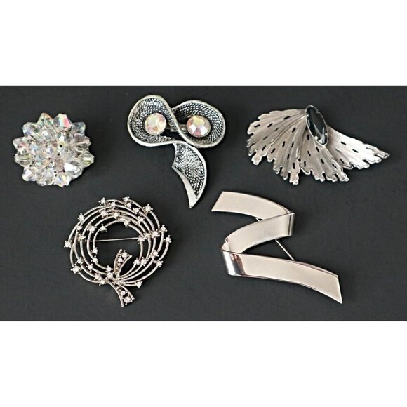 Mid-Century Modern Silver Tone Brooches Set of 5 Alaskan Diamond & Rhinestone Ac - Picture 1 of 7